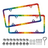 Rainbow License Plate Frame - Unobstructed Narrow-Edge 2 Packs Universal Stainless Steel Car License Plate Frames Holder Solid Holder with 4 Holes Rustproof for Men Women