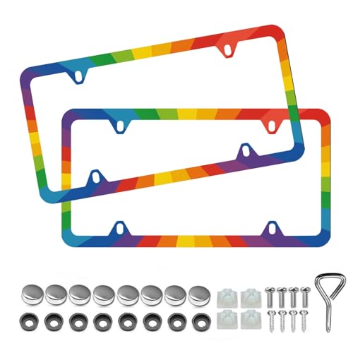 Rainbow License Plate Frame - Unobstructed Narrow-Edge 2 Packs Universal Stainless Steel Car License Plate Frames Holder Solid Holder with 4 Holes Rustproof for Men Women