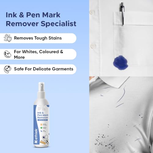 Image of Ethiek Ink & Pen Mark Stain Remover Spray | Removes Ball Pen, Marker & Ink Marks from Fabric | Safe on Coloured Clothes | 75ml