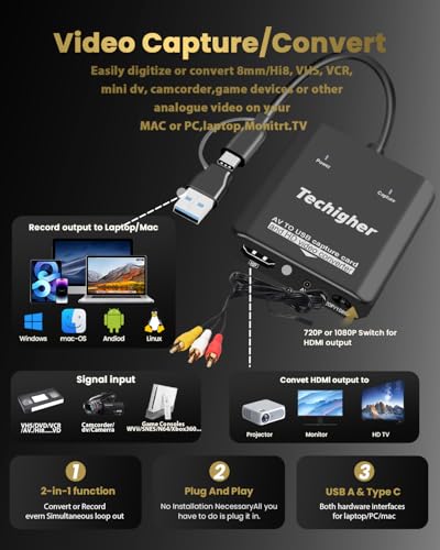 image for Techigher VHS to Digital Converter & RCA to HDMI Adapter USB Video Cap