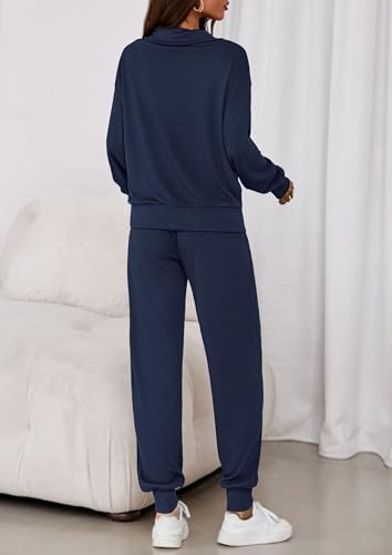 Image of PRETTYGARDEN Women 2 Piece Ribbed Knit Matching Lounge Sets | Comfy Sweat Track Suits, Athleisure Casual Outfit, Half Zip Sweatshirt & Jogger Pants, Fall Winter Clothes for Airport Travel