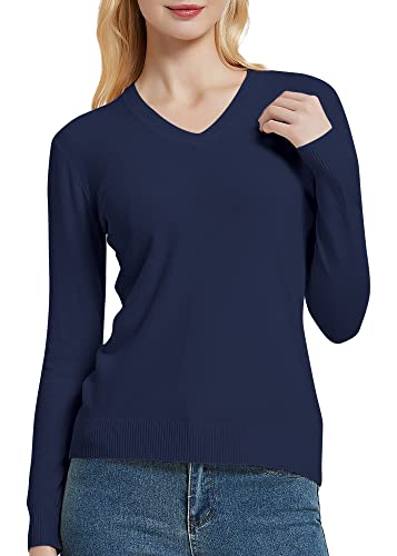 Urban Coco Women's V Neck Long Sleeve Solid Classic Knit Pullover Sweater Tops (Navy Blue, M) #TOP3