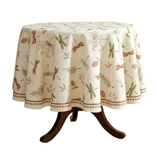 ISAENNE Designer Floral Linen Round Tablecloth,French Off White Elegant Table