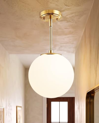 Majade 7.4" Globe Ceiling Lights Kitchen Island Gold Mid Century Modern Ceiling Light Fixtures Pendant Lighting with Milk Glass Shade Adjustable Brushed Brass Hanging Light for Hallway Entryway Closet
