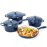 Ceramic Coated Cast Iron Cookware Set, 9-Piece Enameled Dutch Oven and Skillet Set with Lids, Nonstick Pots and Pans Set for Bread Baking, Oven Safe, Induction Compatible, PFAS-Free (Navy Blue)