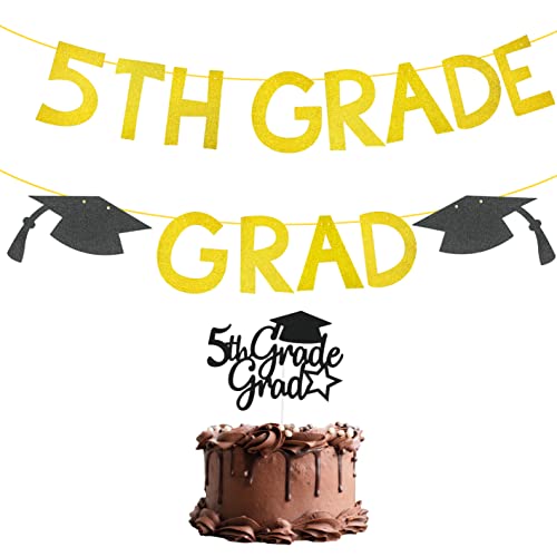 5th Grade Grad Banner with 5th Grade Grad Cake Topper, Glitter 5th Grade Graduation Party Decorations 2024, Boy Girl Kids Fifth Grade Graduation Party Supplies