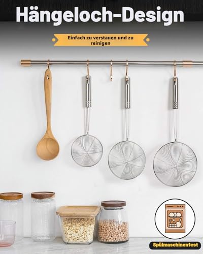 Foto von Abseihlöffel Sieb, 3 Stück 19,5 17,5 13,5 cm Schaumlöffel Edelstahl, Schöpfkelle Mesh Küchensieb mit Langem Griff und Hängen Loch zum Kochen und Frittieren, Spülmaschinengeeignet