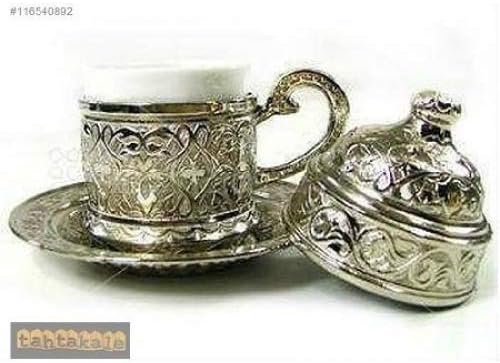 Hand Made Turkey UNIQUE Oriental Nostalgic ESPRESSO Cup 4 Pieces - 1 Porcelain cup,1 copper cup holder,1 lid,1 saucer (Silver)