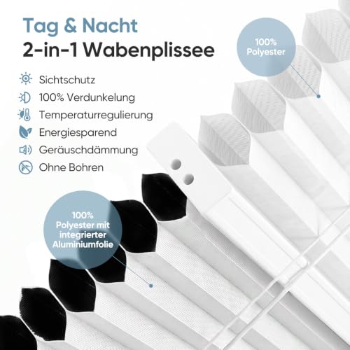 Sekey Wabenplissee Ohne Bohren Doppelplissee Day+Night Verdunkelung Rollo 100% verdunkelnd Blickdicht, Klemmfix, Aluminiumschiene 50x130cm – Ansicht 3