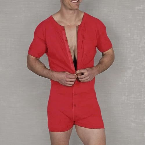 Mens Short Sleeve Onesie Henley Jumpsuit Pajamas Stretchy Cotton One Piece Garment Red M