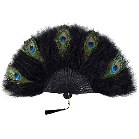 BABEYOND Damski wachlarz Marabou z piórami w stylu vintage w stylu retro w stylu retro Gatsby, akcesoria (czarny uchwyt – czarne pawie pióro)