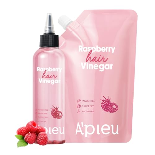 A’PIEU Raspberry Hair Vinegar Rinse & Refill Set for Scalp Detox & Clean, Smooth & Shiny Hair, Clarifying Treatment for Dandruff, Buildup, pH Balancing, Korean Haircare (6.76 fl oz |13.6 fl oz)