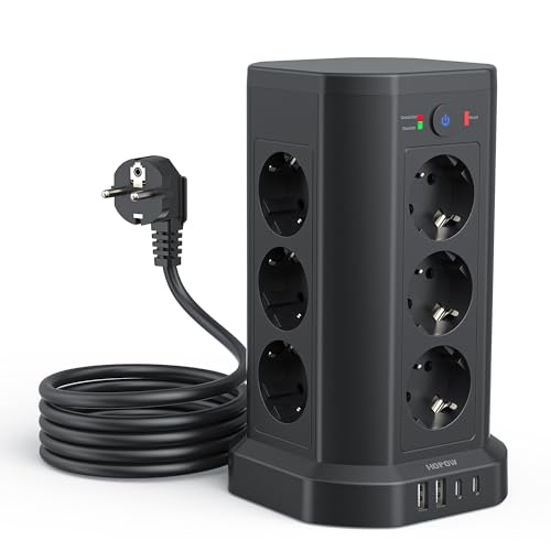 12-Fach Steckdosenturm mit Überspannungsschutz 1050J, Steckdosenleiste mit 4 USB-Ports(3680W 16A), 2 m Verlängerungskabel, Mehrfachsteckdose mit Schalter, Steckerleiste für Zuhause und Büro