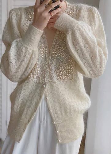 CHARTOU Women Open Front Cardigan Hollow Crochet Knit Dressy Sweater Outwear Pearls Deco3