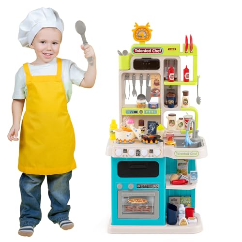 COSTWAY Cocina Juguete con Luz y Sonido, Cocina Infantil con 54 Accesorios, Fogones con Vapor, Fregadero, Microondas, Frigorífico, Horno y Reloj, Cocinita Infantil para Niños de 3+ Años (Azul)