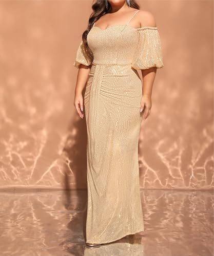 Image of Women's Plus Size Off The Shoulder Puff Sleeve Dress Sequin Formal Maxi Evening Cocktail Party Gowns