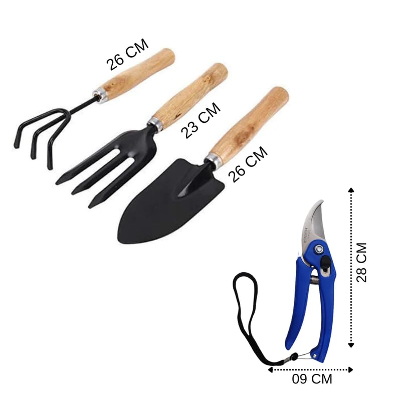 Image of 4 in 1 Gardening Tool Set - Trowel, Fork, Cultivator & Pruner with Wooden Handle for Digging, Planting, Weeding & Trimming