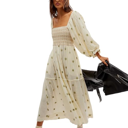 Qianderer Women's Flower Embroidered Maxi Dress Puff Sleeve Square Neck Swing Tiered Bohemian Flowy Dress Beach Long Dress (Ba Beige, L)