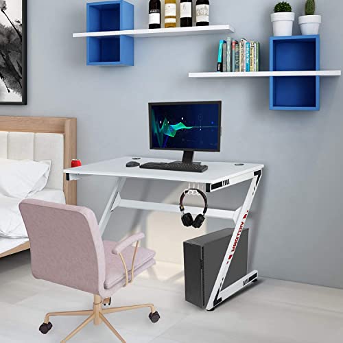 Lazzo Z-Shaped Gaming Desk Pc Computer Desk Racing Gaming Table Gamer Workstation Home Office Desk With Cup Holder, Headphone Hook, 2 Cable Management Holes, Carbon Fibre Surface #TOP5