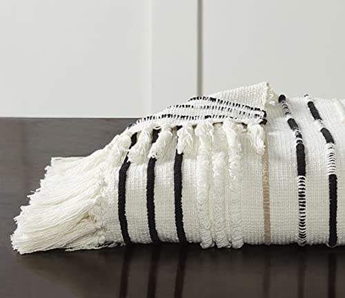 Tahari Home Kim Neutral Stripe Fringe Cotton Throw 50 X 60 #TOP2