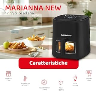 Melchioni Family | Marianna New, Friggitrice ad Aria 5L, Compatta, Touch Display, 7 Programmi, Antiaderente, Timer 60 Min, Temperatura 80°-200°C, Controllo Cottura Senza Aprire lo Sportello