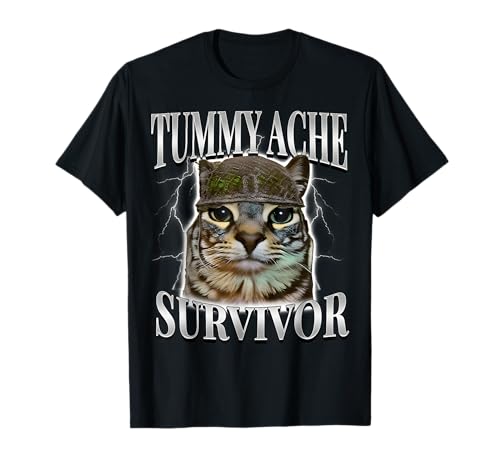 Funny Saying Cats Tummy Ache Survivor Cat Meme Humor Men T-Shirt