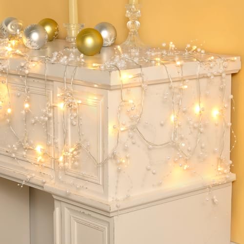 Waipfaru Christmas Garland with Lights, Lighted Berry Garland, 13.1FT Christmas Tree Garland, Christmas Decorations Indoor for Home Outdoor Gate Table Fireplace New Year Decor, White