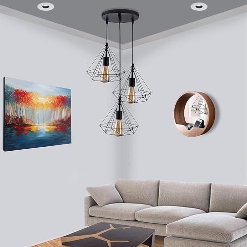 Image of Vintage Black Metallic Hanging Pendant Ceiling Lamp, for Bedroom, Living Room, Hotel, Cafe, Balcony Decor (Black Diamond Set)