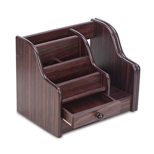 AZDENT Wooden Office Desk Organizer with Drawer Expandable Mail Sorter Desktop Organizer 5 Compartments Pen Pencil Remote Control Holder Storage Caddy - Thumbnail 4
