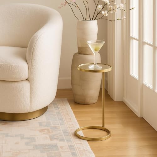 TEHOME Gold Glass Drink Table Metal Martini Round Small Drink Side Table for Couch Tempered Glass C Shaped End Table for Sofa 10" diam,24.55" h