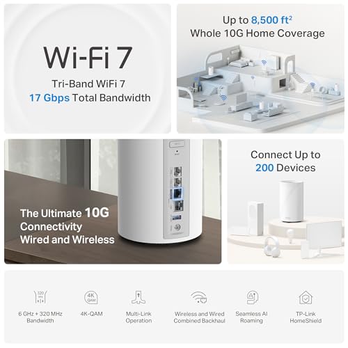 TP-Link Deco 7 Pro BE17000 Tri-Band Wi-Fi 7 Whole Home Mesh System | 9-Stream, 10G RJ45/SFP+ Combo | Multi-Gig Wired Backhaul | Up to 3,300 Sq.ft | HomeShield, MLO, 320 MHz | BE77 1-Pack Router - image 8