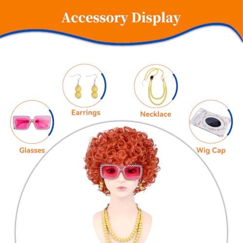 Image of Women Roper Curly Orange Red Cosplay Wig with Necklace Earrings and Sunglasses for Women Hallween Costume Wig