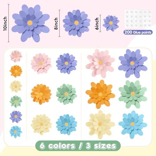 Image of MotiMind 18 Pcs Paper Flowers Bulletin Board Decorations DIY 3D Paper Floral for Wall Classroom Back to School Birthday Party Flower Backdrop Decoration Photo Backdrop(Pastel Color,6 inch 8 inch 10 inch)