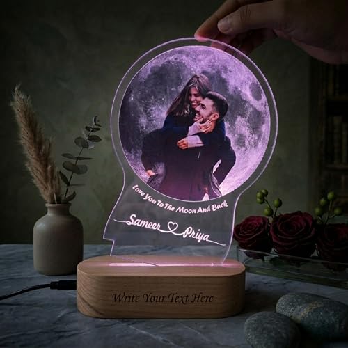 Image of Moon LED Photo Lamp with Wooden Base | Custom Couple Picture Night Light with Name Engraving | Romantic Gift for Anniversary, Wedding, Valentine, Birthday Brother Sister