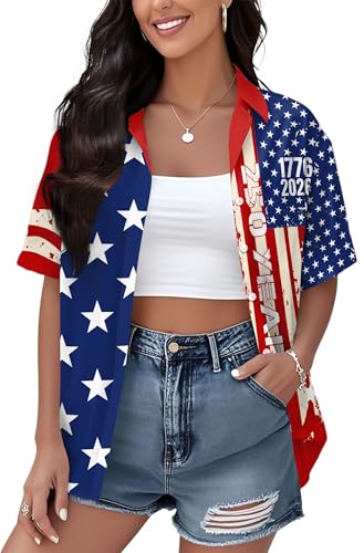 Image of Ithalt 4th of July Hawaiian Shirts Women American Flag Patriotic Short Sleeve Button Down Outfits Summer Vacation Tops