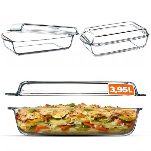KADAX Plat à Gratin en Verre Résistant à la Chaleur avec Couvercle et Poignées, Cocotte Transparente Idéale pour la Cuisson au Four (Rectangulaire, 3.95L)