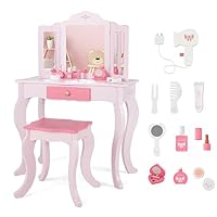 INFANS Kids Vanity, 2 in 1 Princess Makeup Table and Chair Set with Tri-Folding Detachable Mirror 10 Accessories Wooden Dressing Table, Beauty Pretend Play Vanity Set for Toddler Girls Gift (Pink)