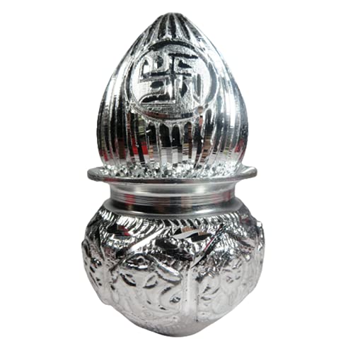 ORIVILLE beautiful German silver- finish riddhi siddhi KALASH (purna kumbha) with COCONUT for wealth and prosperity, home and office decoration, gift purposes, pooja ghar, and shops (5 Inches)