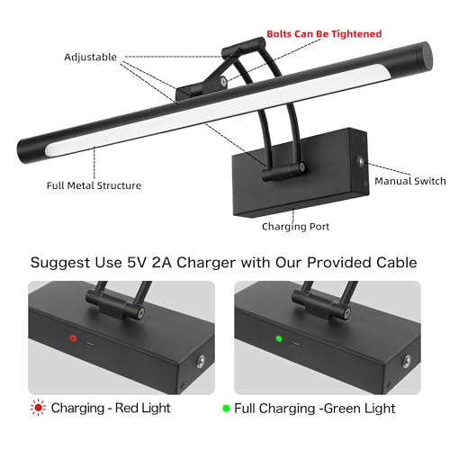 Image of 16 inch Picture Lights for Wall Battery Operated, Wireless Picture Light with Remote, Rechargeable Wall Light 3000K /4000K /6000K Dimmable, Art Lighting for Paintings Frame Gallery Dartboard Light, Black