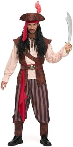 Spooktacular Creations Caribbean Pirate Suit for Men, Adult Sea Captain and Thief Suit for Halloween Costume Party, Cosplay Party.