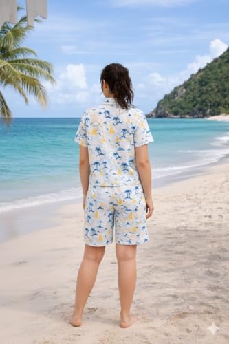 Image of Zilcon Woman Cotton Floral Printed Co-Ord Set - Short Sleeve Shirt with Matching Shorts, Lightweight Breathable Summer Outfit, Beach Vacation Casual Wear