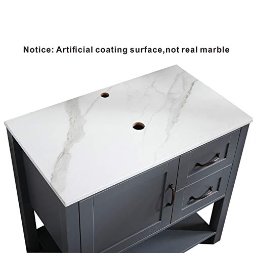 30\" Grey Bathroom Vanity Sink Combo Marble Pattern Top w/Mirror Faucet&Drain set - Thumbnail 4