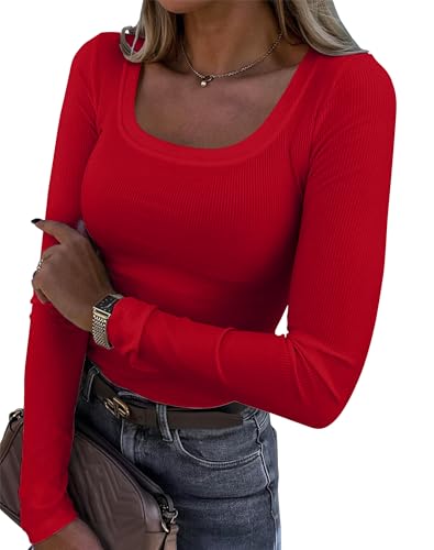 Image of Roselux Womens Long Sleeve Scoop Neck Ribbed Knit Fitted Casual Tops Tee Slim Basic Shirts