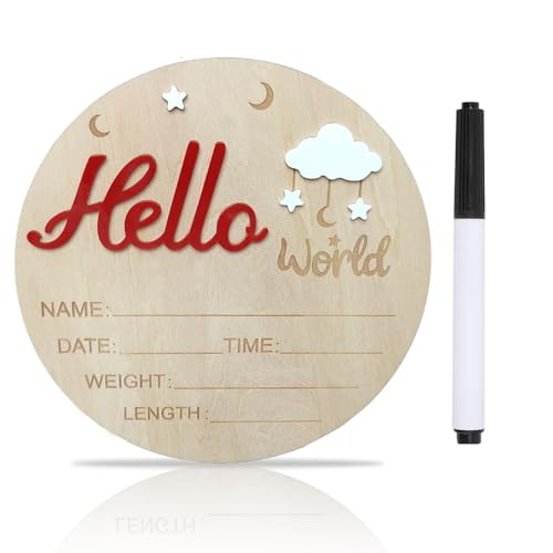 Baby Announcement Sign, ​5.9 Inch Wooden Hello World Newborn Signs,