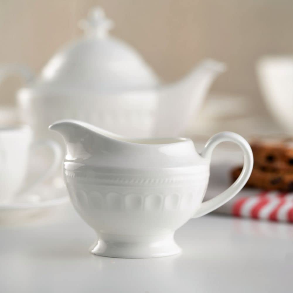 VILLA ITALIA Serwis kawowy porcelanowy na 6 osób Zestaw filiżanek Filiżanki, Talerzyki deserowe, Dzbanek, Cukiernica do kawy lub herbaty MESYNA White ES667