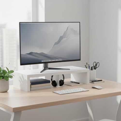 Image of flux Monitor Stand Wooden | Monitor Stand Riser | PC Stand For Desktop Table | , Non Slip, Material: Particle Board Wooden White