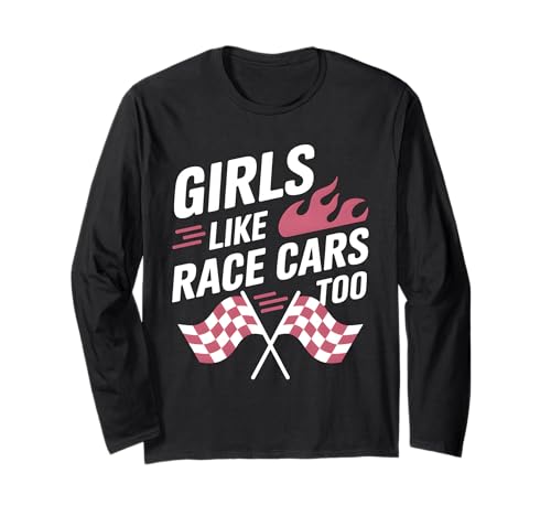 Girls Like Race Cars Too Drag Car Racing Checkered Flag Manga Larga