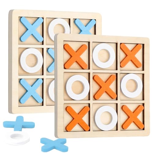 2 Pcs Noughts and Crosses Game Funny Wooden Tic Tac Toe Game Portable Travel Size Classic XO Chess Board Game for Kids Adults Indoor Game(Orange and White Blue and White)