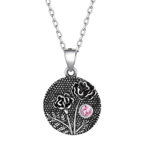 FindChic Birth Flower Necklace with Birthstone 18K Yellow Gold/Platinum/Rose Gold Plated Floral Embossed Pendant Paperclip Chain Dainty Medal Jewelry for Mom Grandma, with Gift Box Sterling