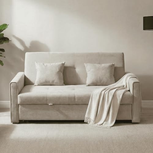 Image of Home Source Charleston Convertible Sofabed, 2 Seater Pull Out Sofa Bed, Linen Fabric, Compact Living Room/Guest Bed – Beige Velvet